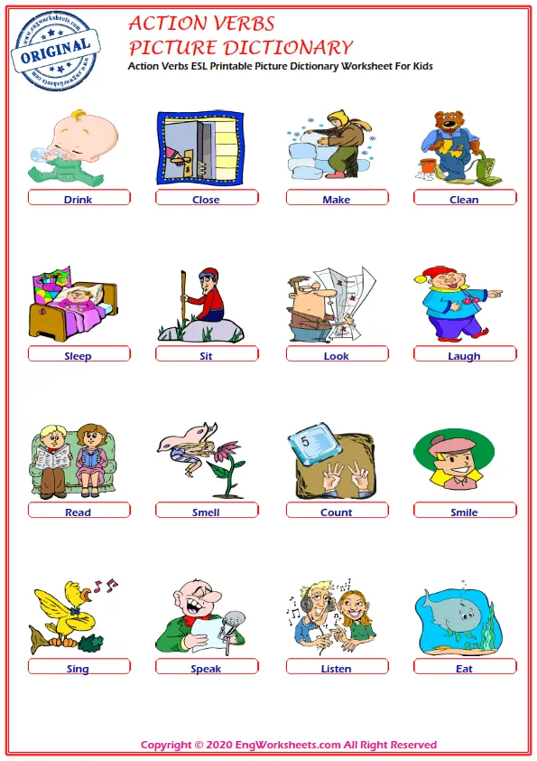 Action Verbs ESL Printable Picture Dictionary Worksheet For Kids
