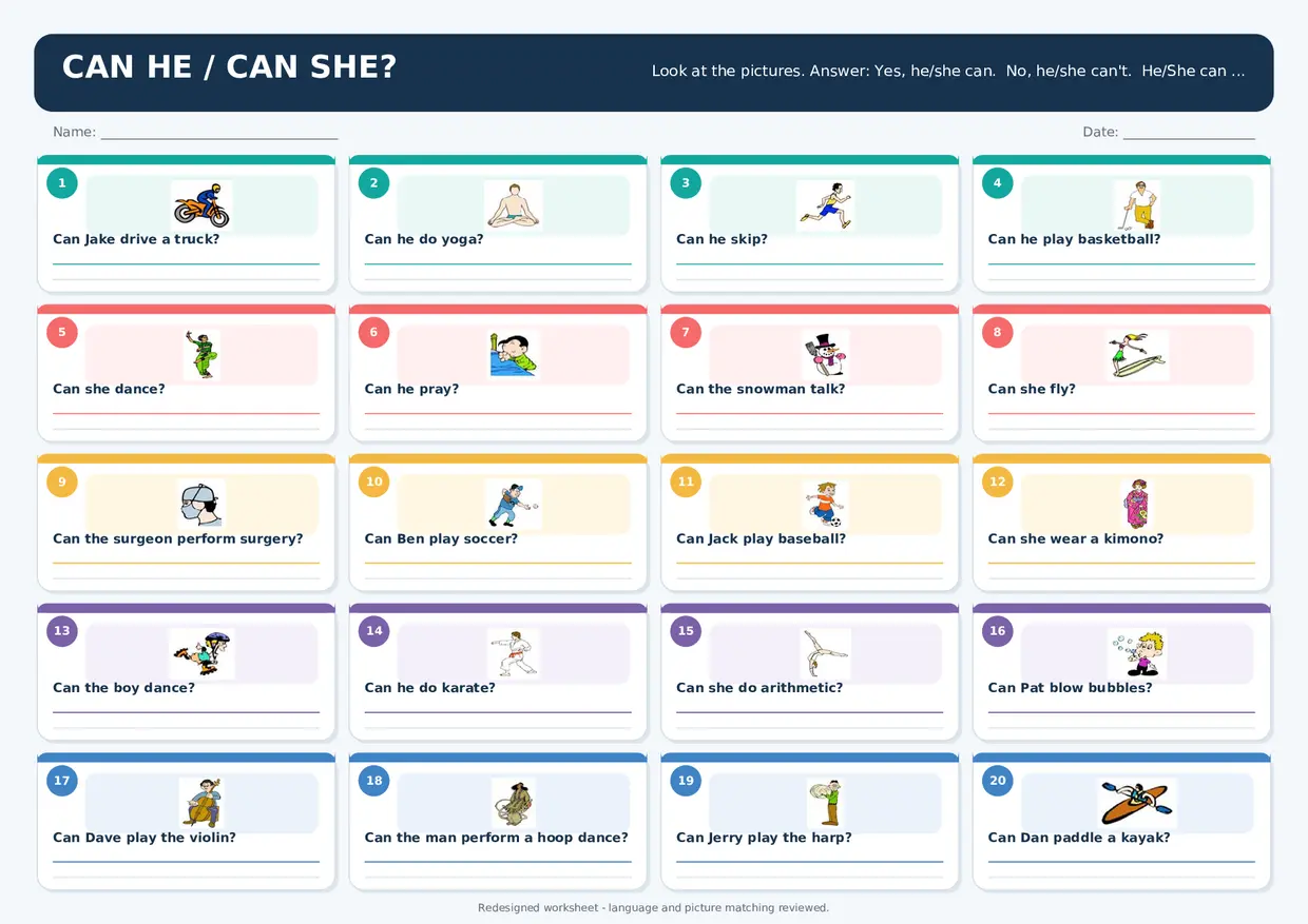 Can He or She? Ability Questions with “Can” Worksheet Preview