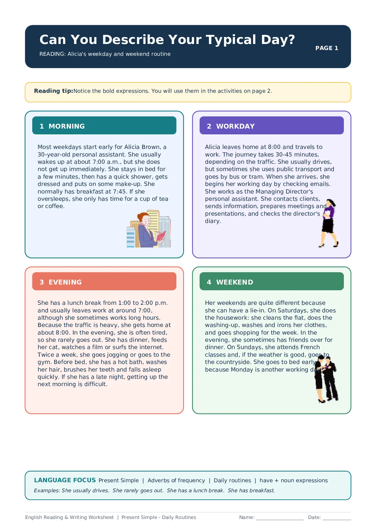 Can You Describe Your Typical Day? – Daily Routines Reading Worksheet