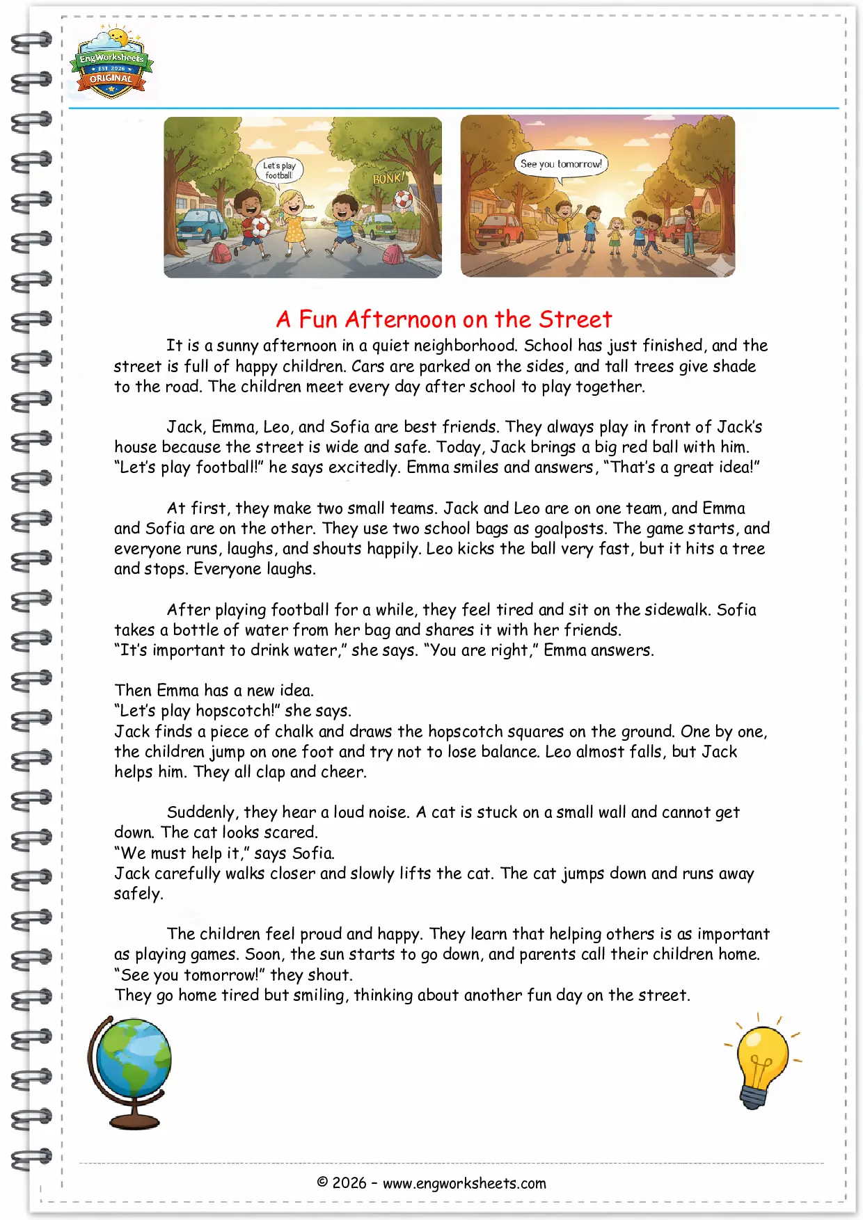 Street Games Story Worksheet for Grade 5 Students