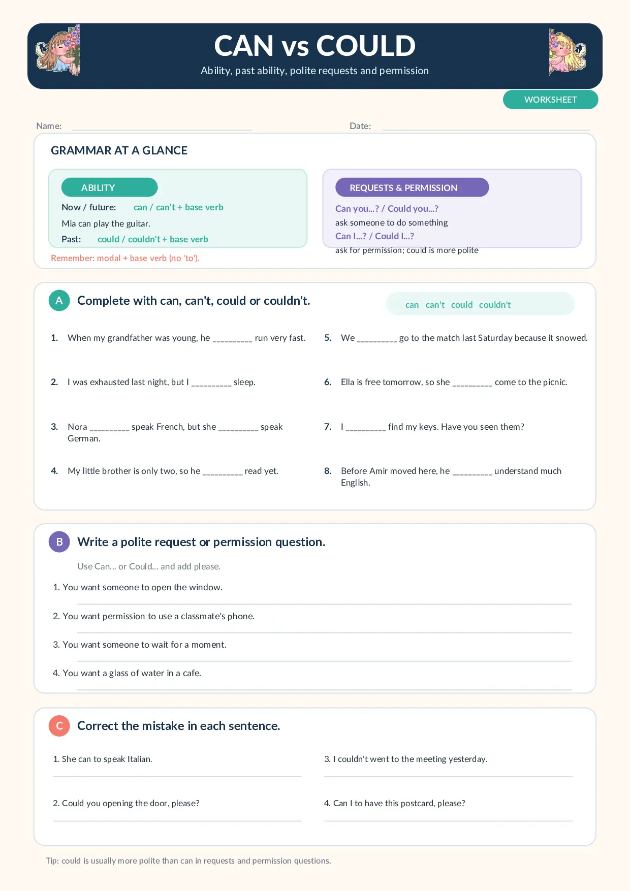 Can vs Could Worksheet: Ability, Requests and Permission