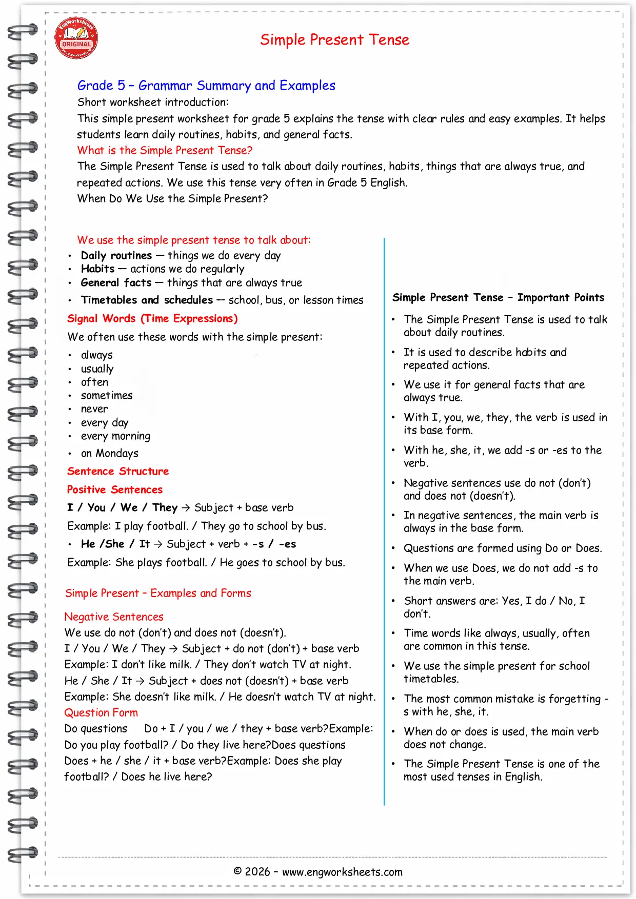 Simple Present Worksheet Grade 5 English Grammar Practice