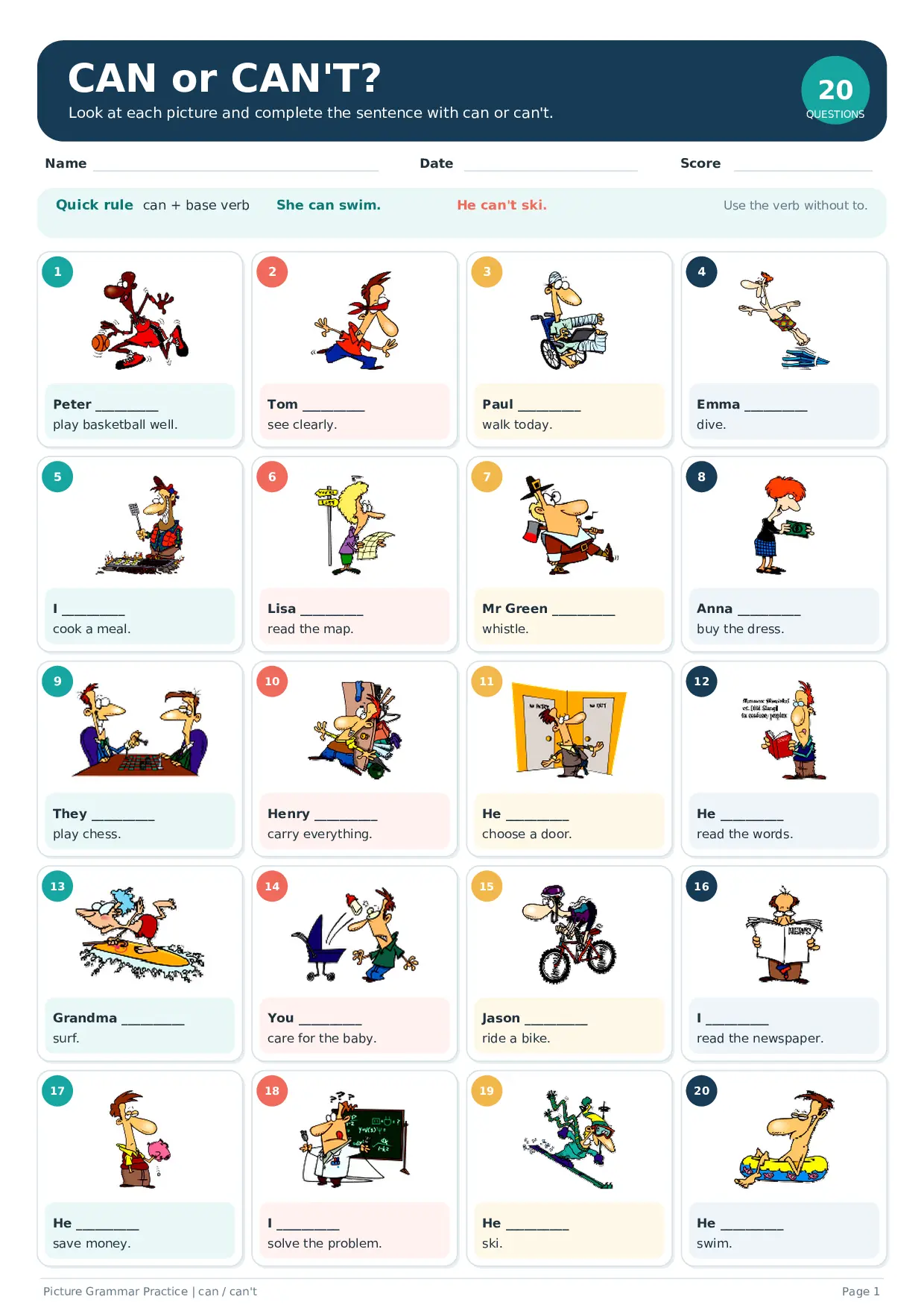Can or Can't? Picture Grammar Worksheet Worksheet Preview