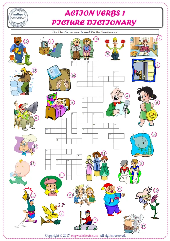 ESL printable worksheet for kids, supply the missing words of the crossword by using the Action Verbs picture. Worksheet Preview