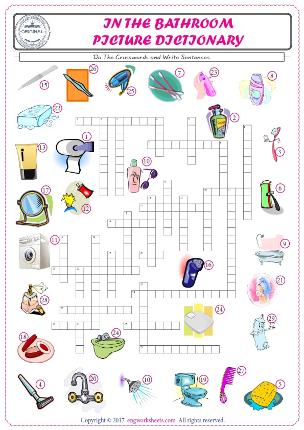 ESL printable worksheet for kids, supply the missing words of the crossword by using the Bathroom picture. Worksheet Preview