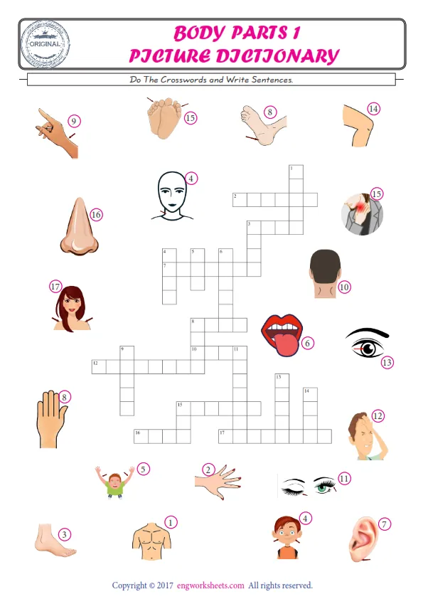 ESL printable worksheet for kids, supply the missing words of the crossword by using the Body Parts picture. Worksheet Preview