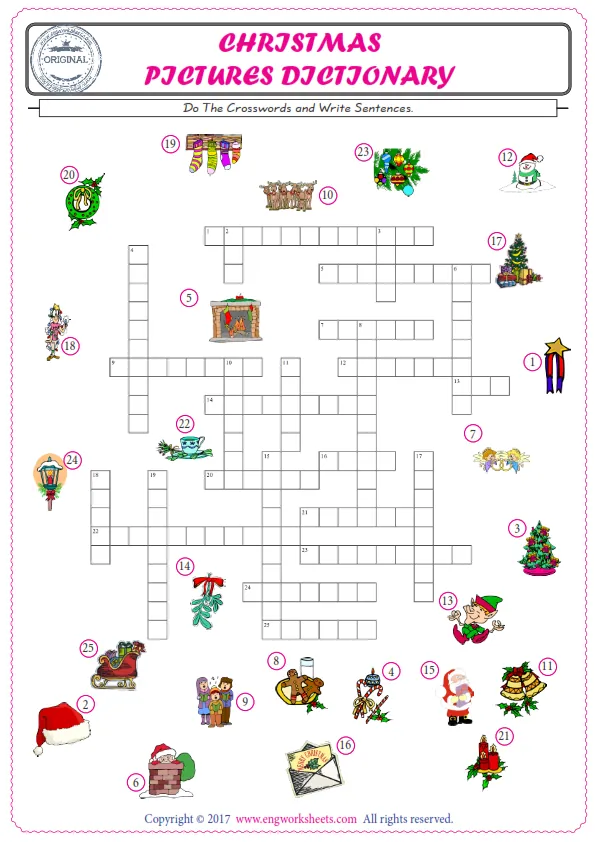 ESL printable worksheet for kids, supply the missing words of the crossword by using the Christmas picture. Worksheet Preview