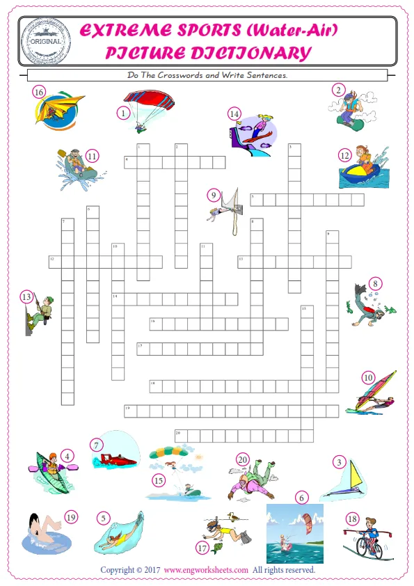 ESL printable worksheet for kids, supply the missing words of the crossword by using the Extreme Sports Water-Air picture. Worksheet Preview
