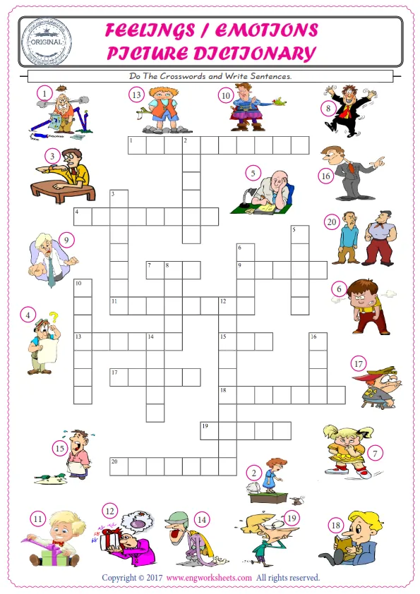 ESL printable worksheet for kids, supply the missing words of the crossword by using the Feelings Emotions picture. Worksheet Preview