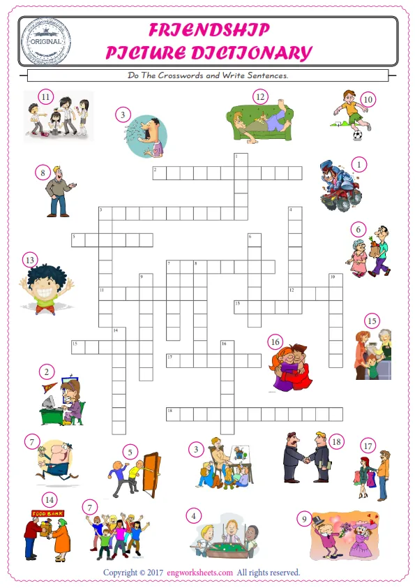 ESL printable worksheet for kids, supply the missing words of the crossword by using the Friendship picture. Worksheet Preview