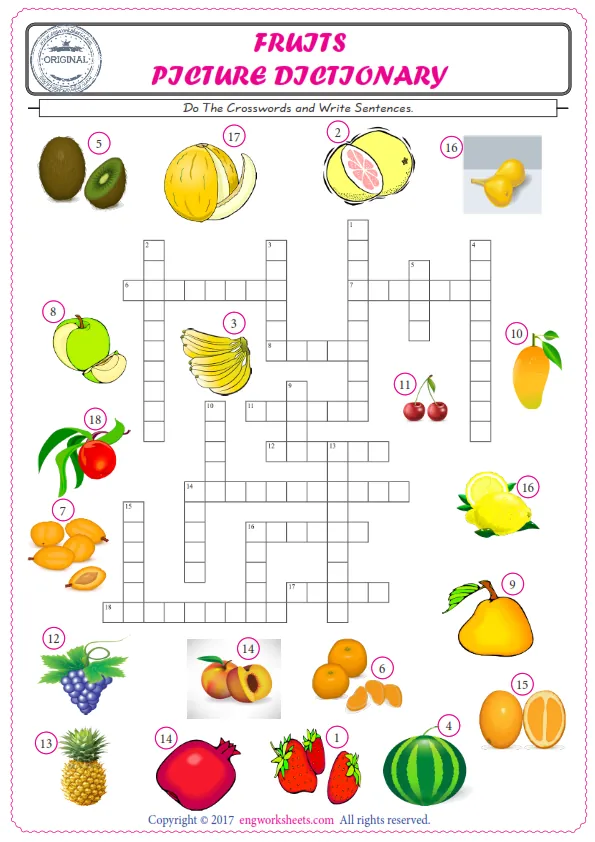 ESL printable worksheet for kids, supply the missing words of the crossword by using the Fruits picture. Worksheet Preview