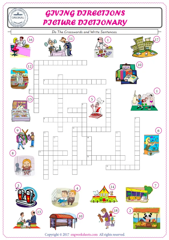 ESL printable worksheet for kids, supply the missing words of the crossword by using the Giving Directions picture. Worksheet Preview