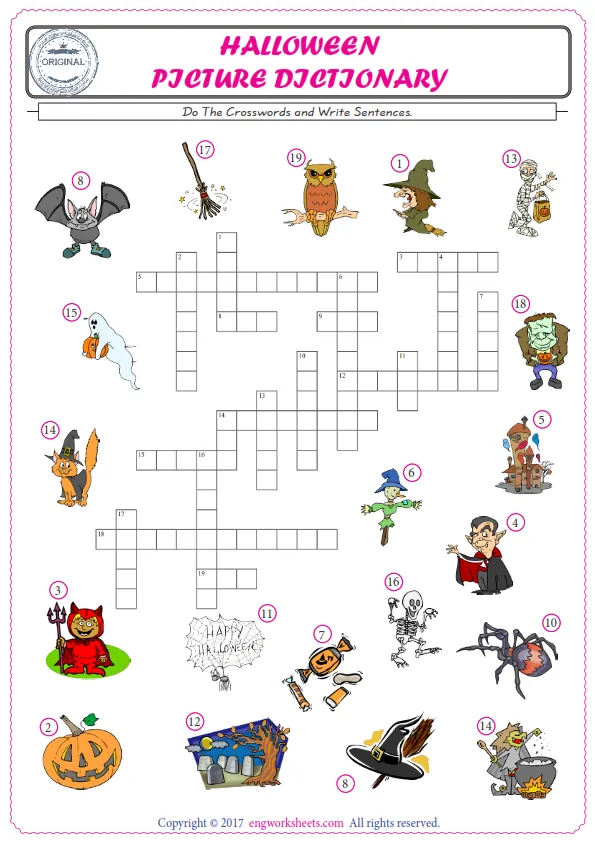 ESL printable worksheet for kids, supply the missing words of the crossword by using the Halloween picture.