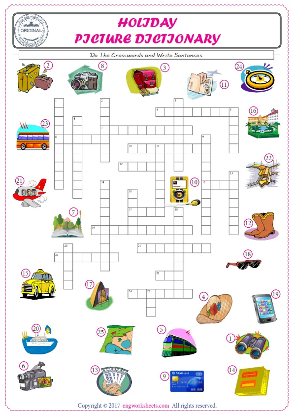 ESL printable worksheet for kids, supply the missing words of the crossword by using the Holiday picture. Worksheet Preview