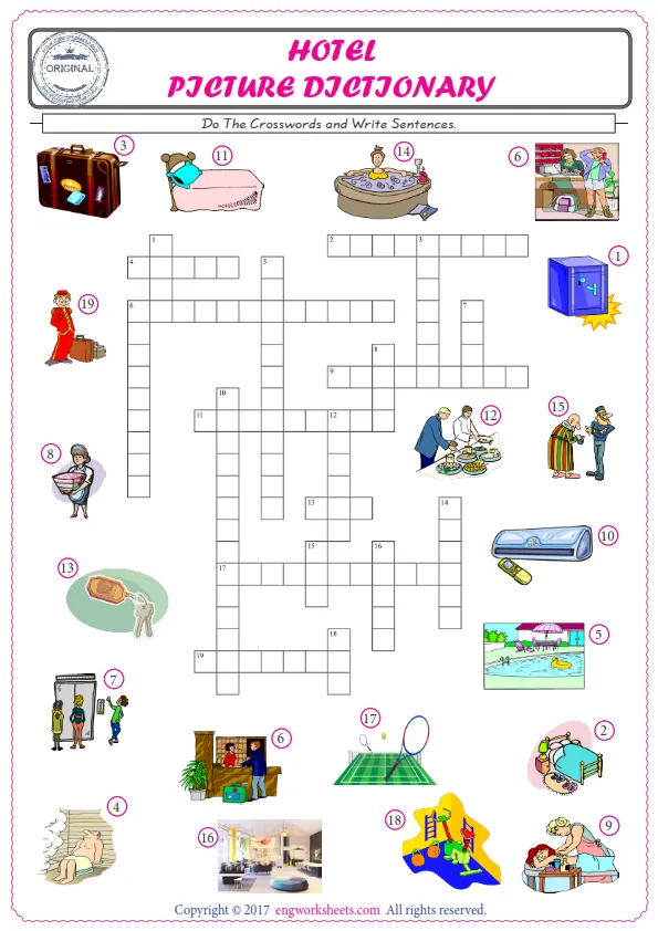 ESL printable worksheet for kids, supply the missing words of the crossword by using the Hotel picture. Worksheet Preview