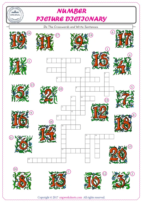 ESL printable worksheet for kids, supply the missing words of the crossword by using the Number picture. Worksheet Preview
