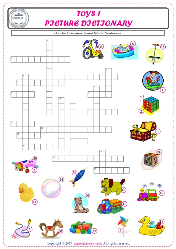 ESL printable worksheet for kids, supply the missing words of the crossword by using the Toys picture. Worksheet Preview