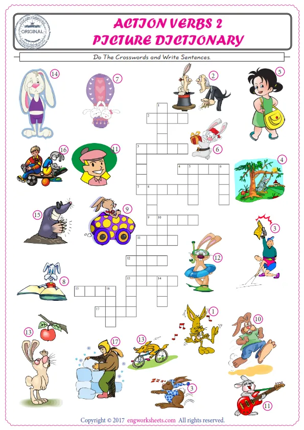 ESL printable worksheet for kids, supply the missing words of the crossword by using the Action Verbs picture. Worksheet Preview