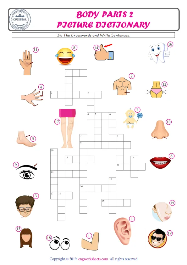 ESL printable worksheet for kids, supply the missing words of the crossword by using the Body Parts picture. Worksheet Preview