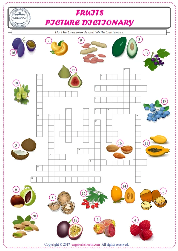 ESL printable worksheet for kids, supply the missing words of the crossword by using the Fruits picture. Worksheet Preview