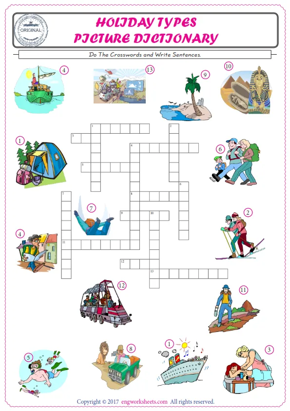 ESL printable worksheet for kids, supply the missing words of the crossword by using the Holiday picture. Worksheet Preview