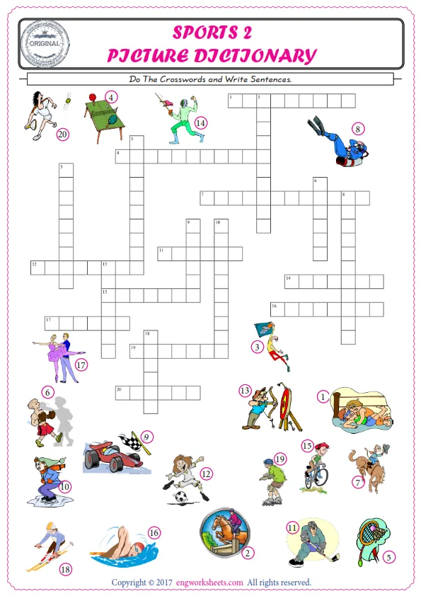 ESL printable worksheet for kids, supply the missing words of the crossword by using the Sports picture. Worksheet Preview