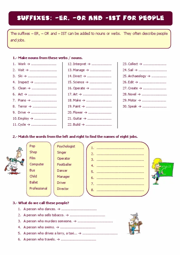 Suffixes - Er, -Or And -Ist For People Worksheet Preview