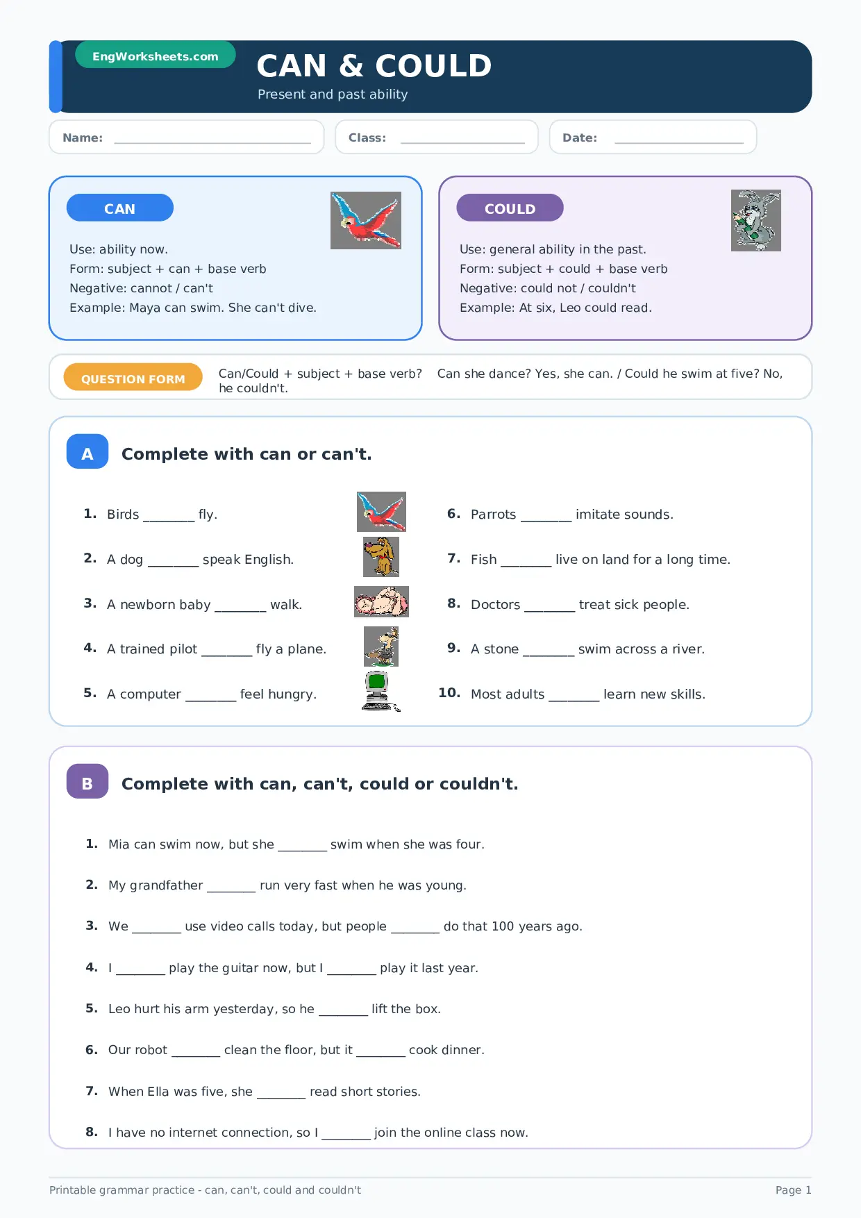 Can and Could: Present and Past Ability Grammar Worksheet