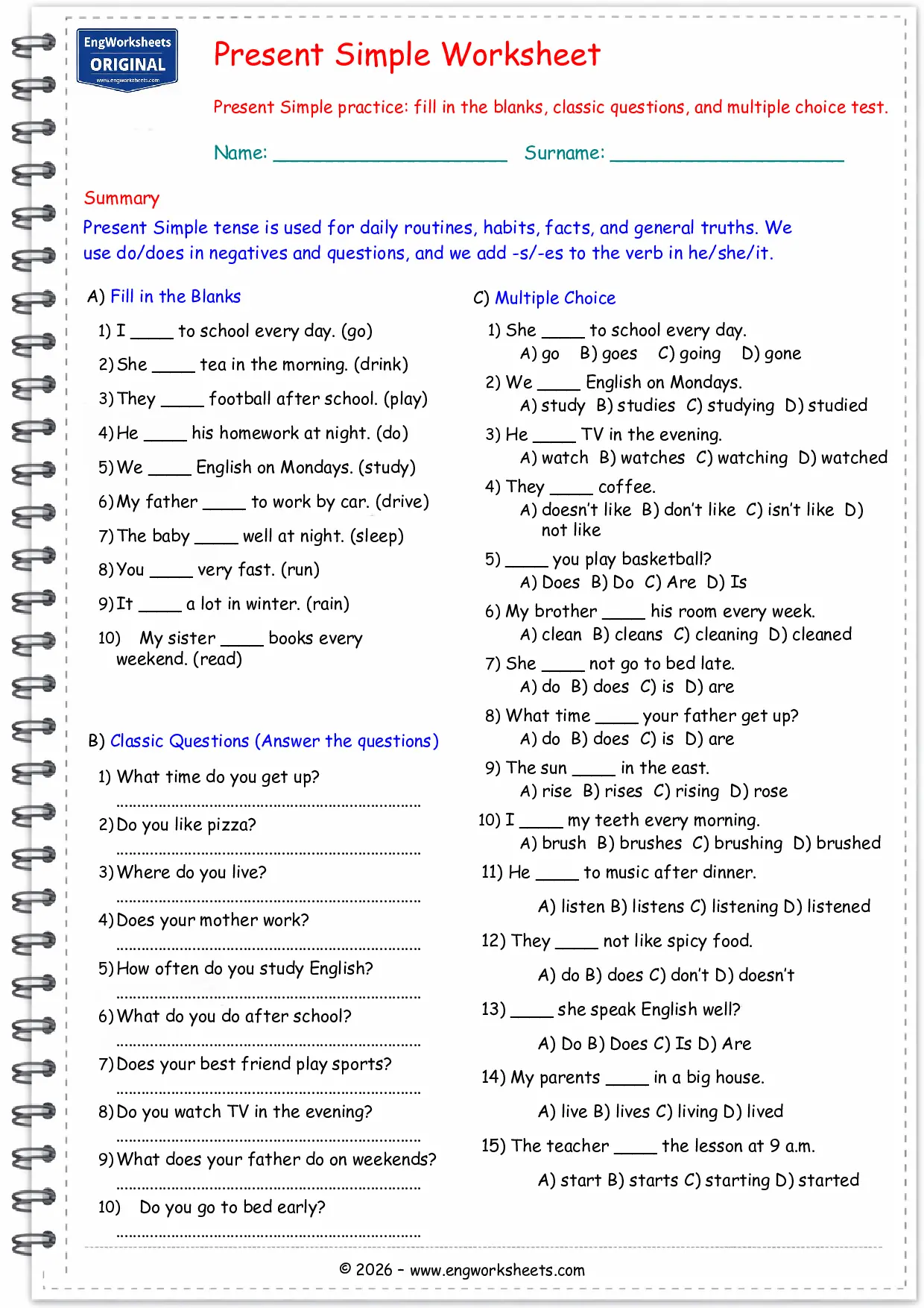 Present Simple Tense Worksheet PDF for Beginners