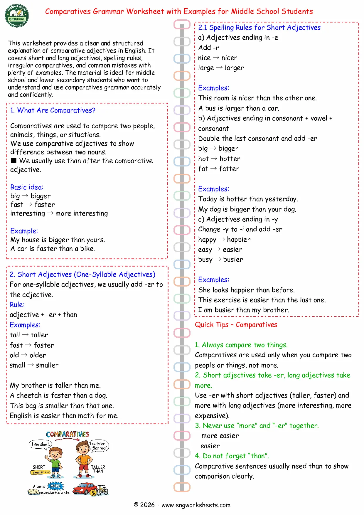 Comparatives Grammar Worksheet with Examples for Middle School Students