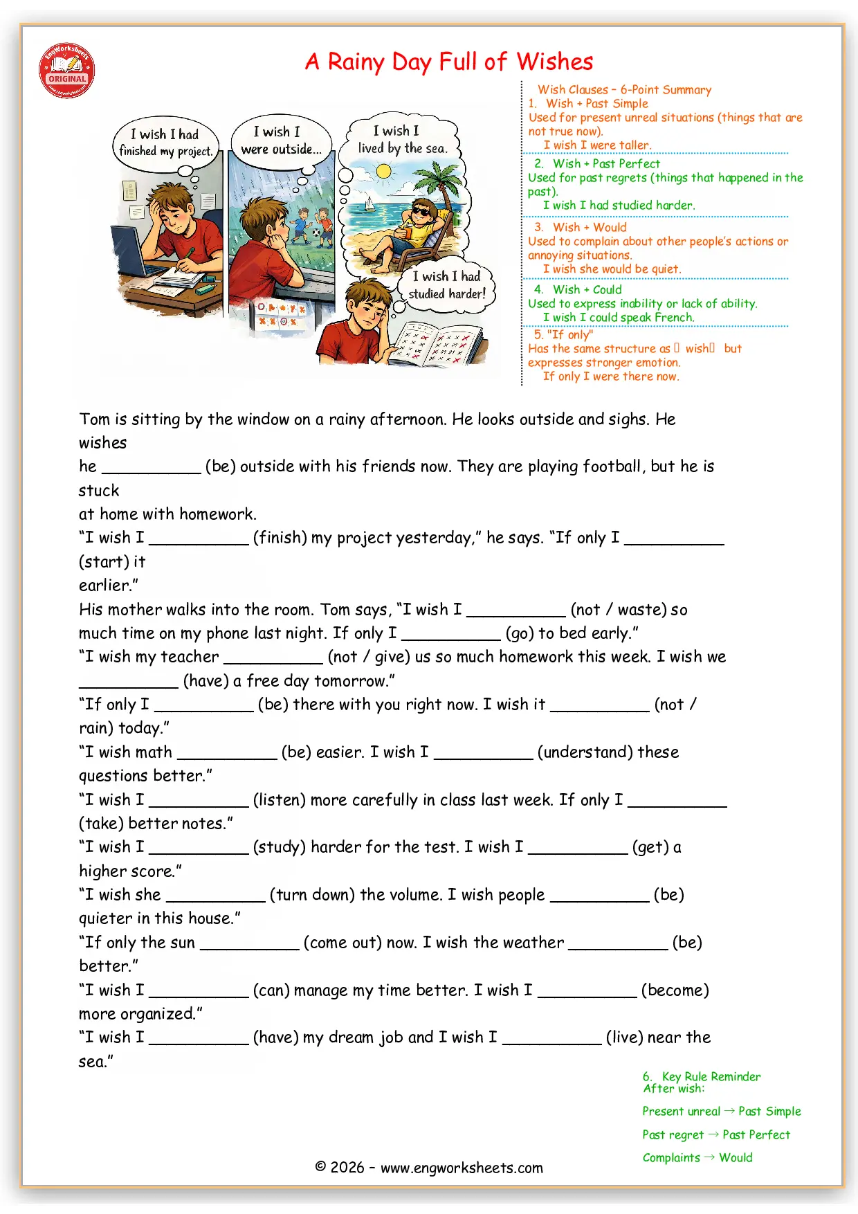 Wish Clauses Grammar English Worksheet PDF Story Fill in the Blanks Multiple Choice Test