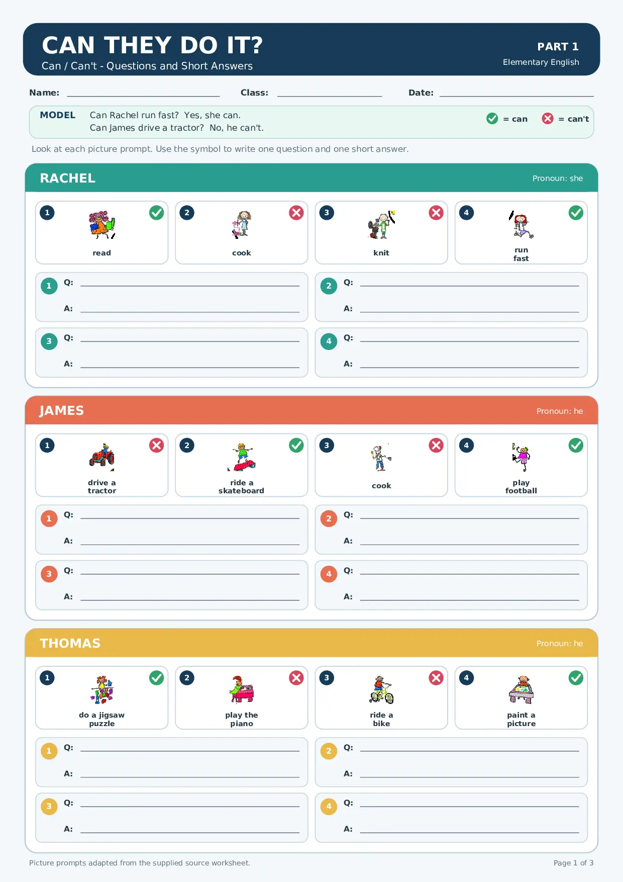 Can They Do It? – Can and Can't Picture Worksheet