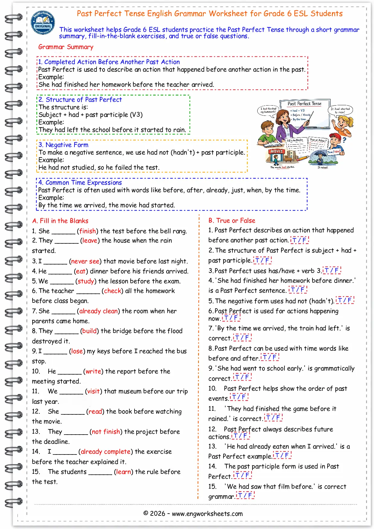Past Perfect Tense English Grammar Worksheet for Grade 6 ESL Students