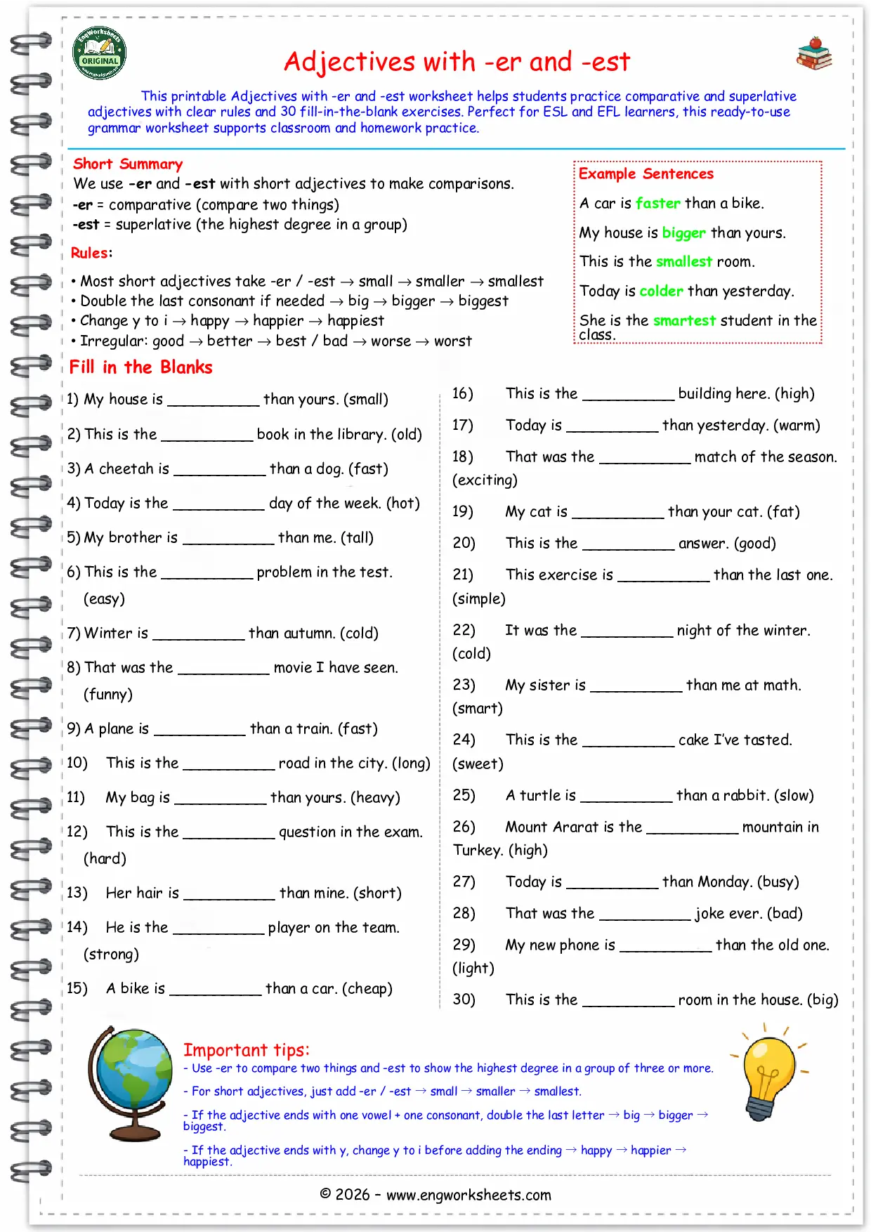 Adjectives with Er and Est Worksheet Comparative and Superlative Exercises Printable PDF
