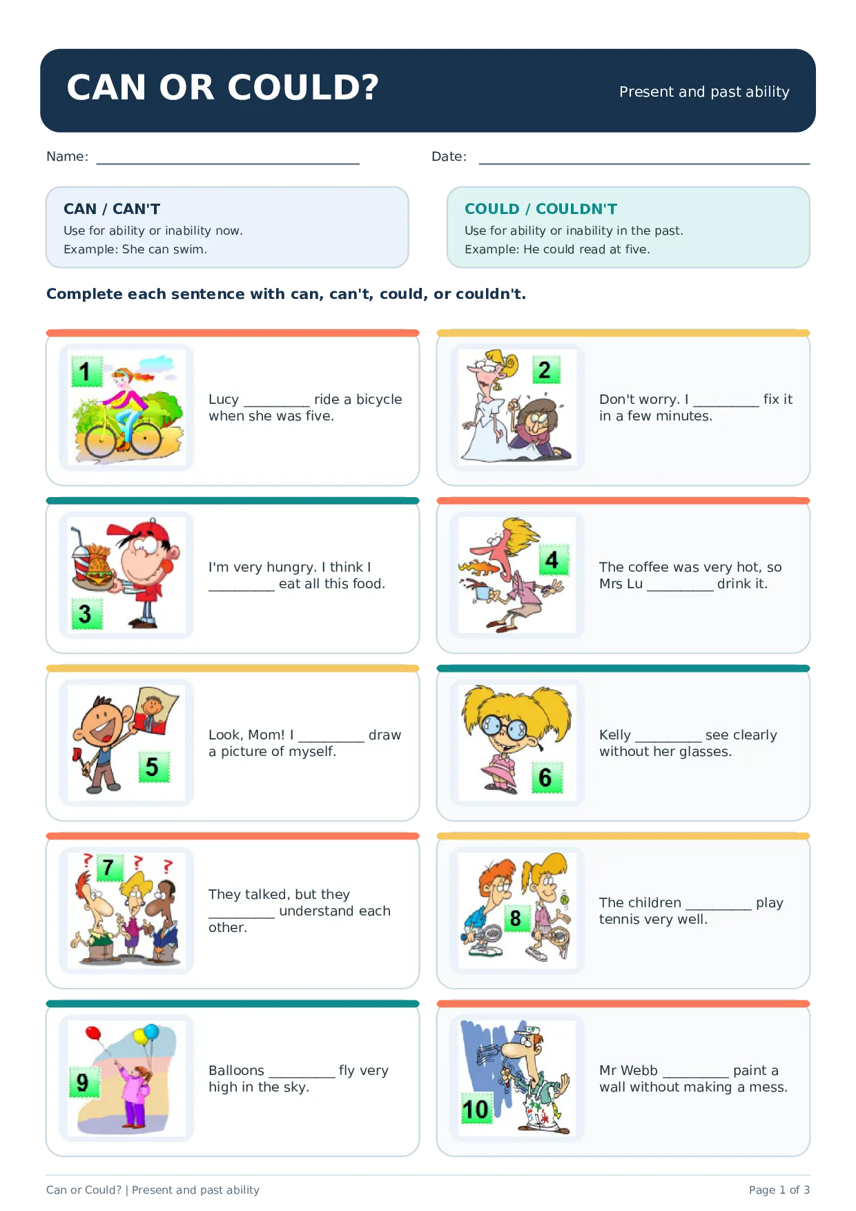 Can or Could? Present and Past Ability Worksheet Worksheet Preview