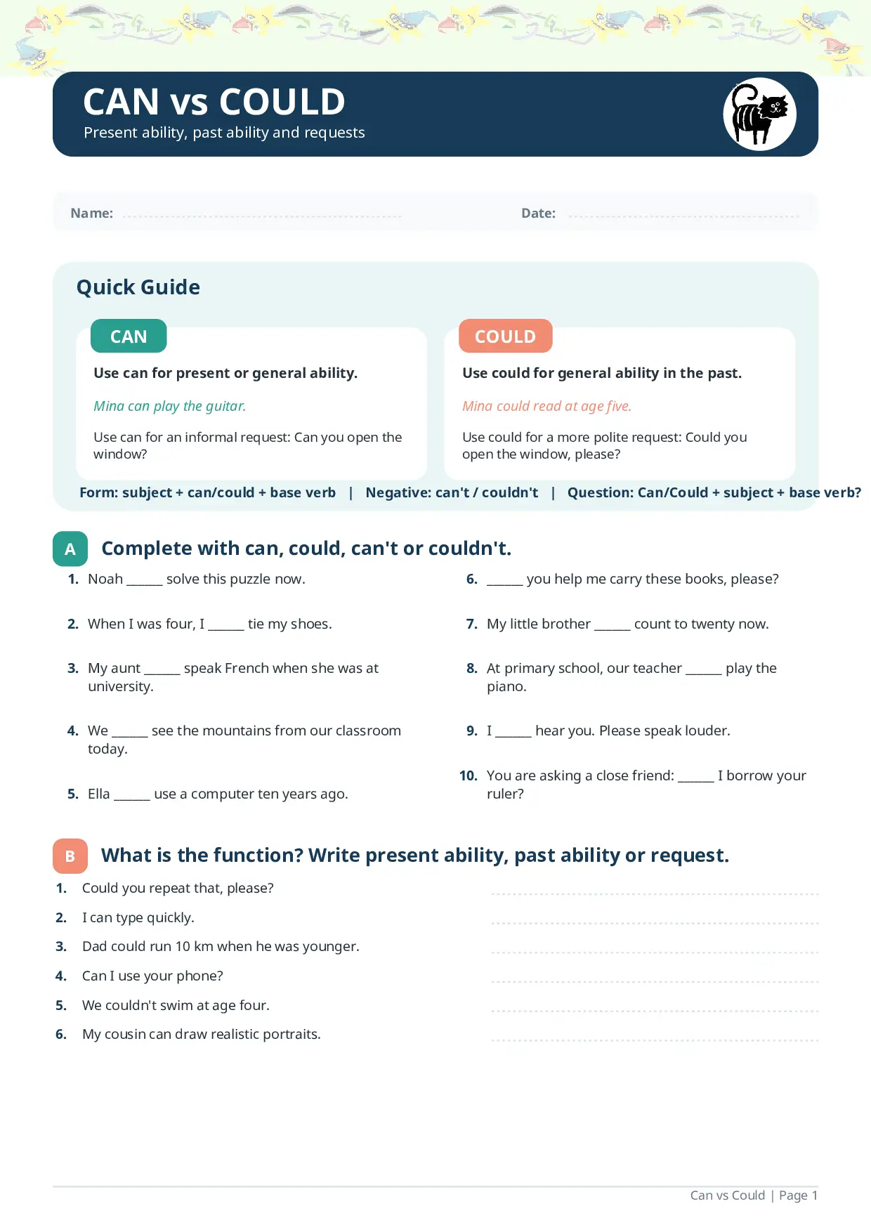 Can vs Could Worksheet: Abilities and Polite Requests