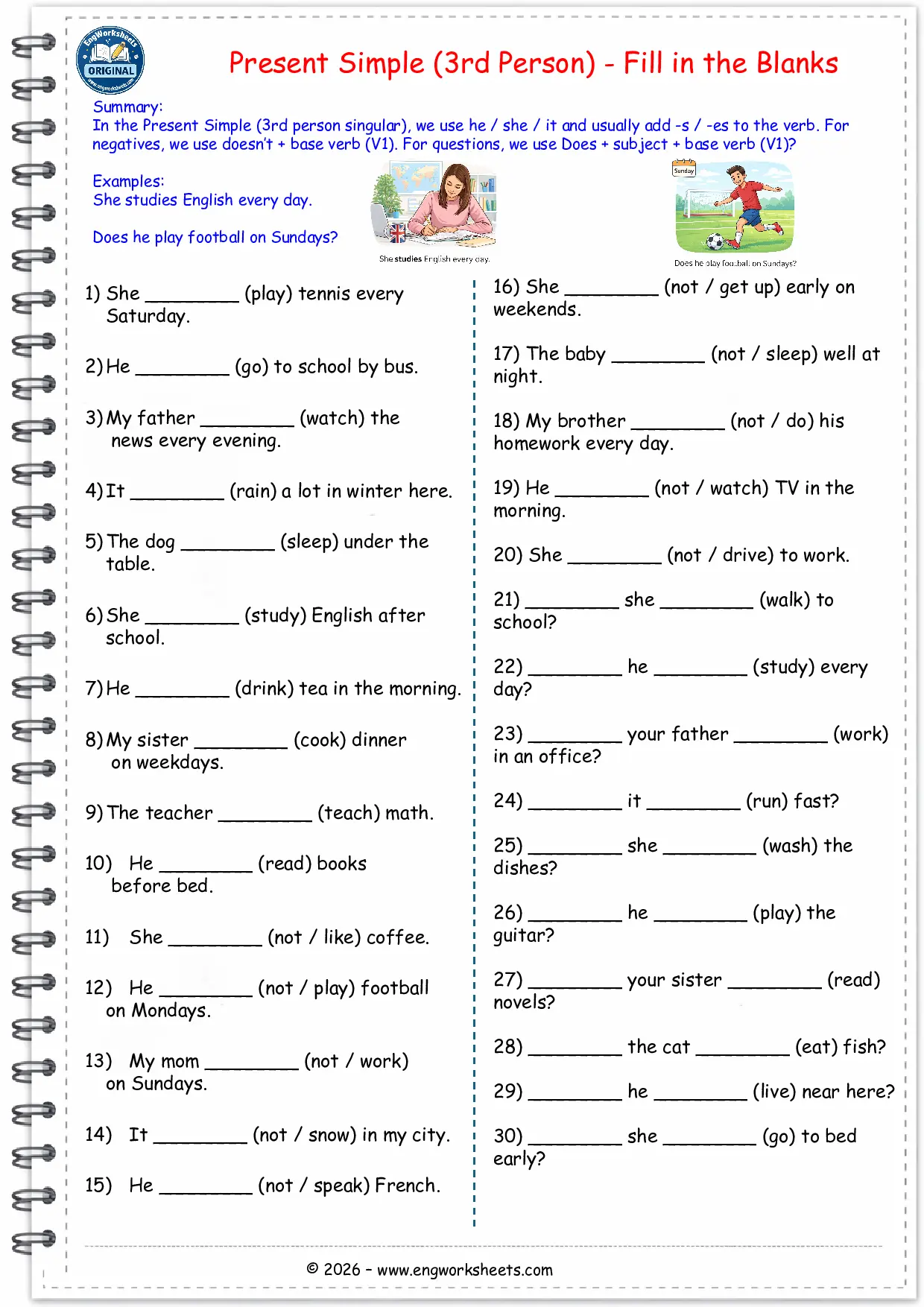 Present Simple 3rd Person Singular Worksheet Positive Negative Questions PDF