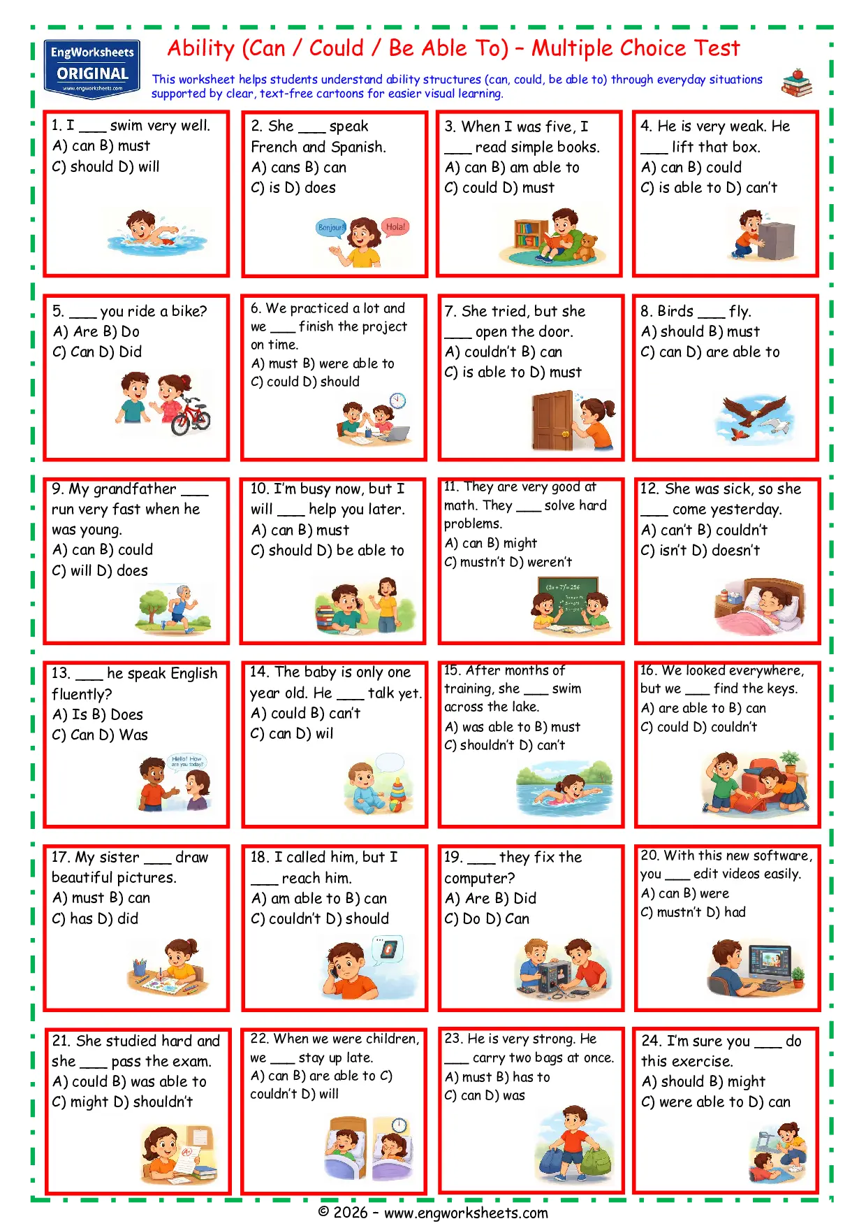 Ability Grammar Worksheet with Cartoons for Can Could and Be Able To Practice