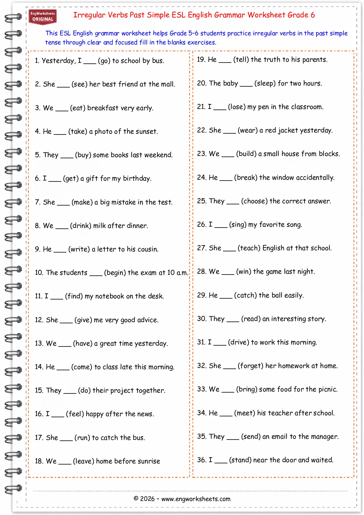 Irregular Verbs Past Simple ESL English Grammar Worksheet Grade 5 6