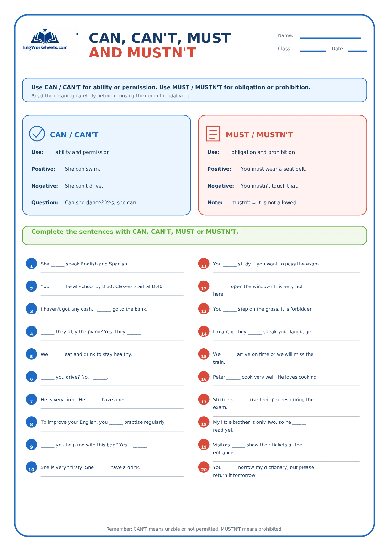 Can, Can’t, Must and Mustn’t Grammar Worksheet