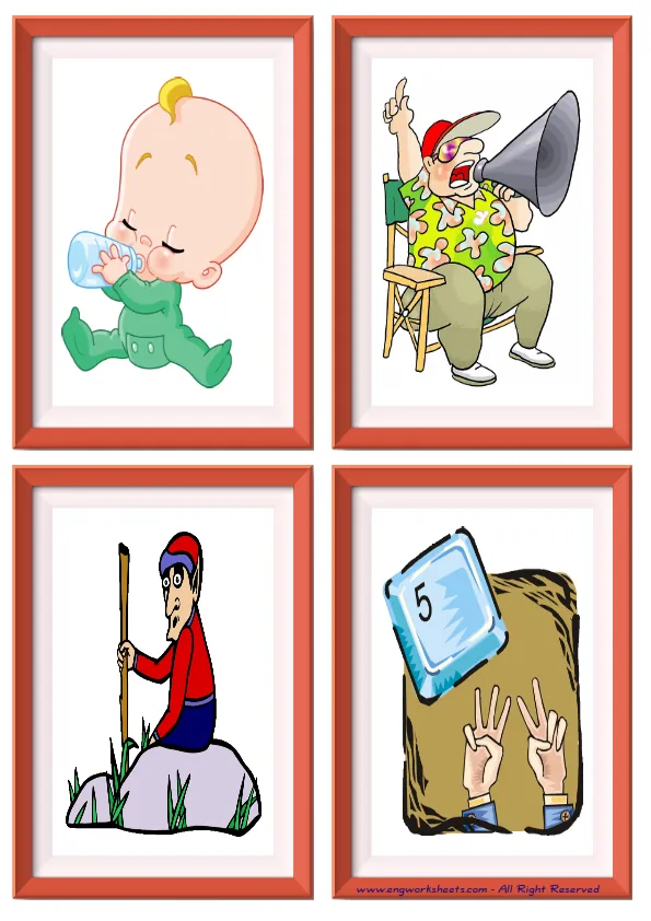 Quarter page ESL Flashcard without words containing Action Verbs picture for kids and teachers. Worksheet Preview