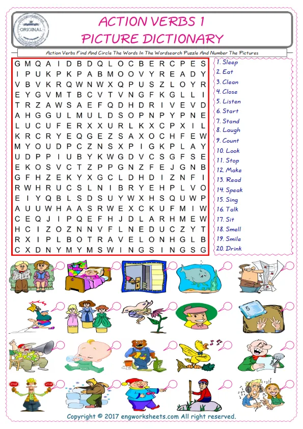 ESL wordsearch worksheets for kids, find Action Verbs words in the word wordsearch write its number on its picture English worksheet. Worksheet Preview