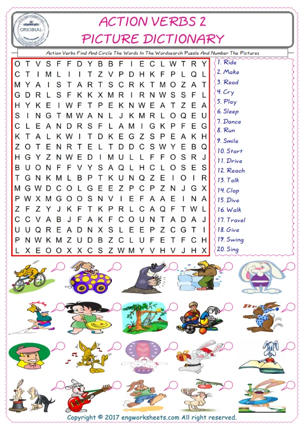 ESL wordsearch worksheets for kids, find Action Verbs words in the word wordsearch write its number on its picture English worksheet. Worksheet Preview