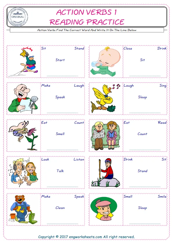 Check the picture of the Action Verbs for kids ESL worksheet for supplying the correct one among four words into the blank place. Worksheet Preview