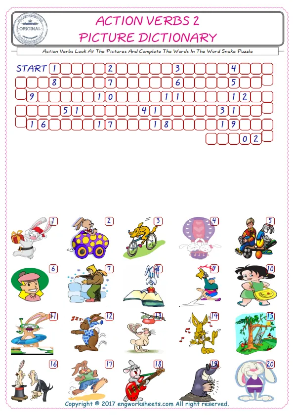 Check the Illustrations of Action Verbs english worksheets for kids, and Supply the Missing Words in the Word Snake Puzzle ESL play. Worksheet Preview