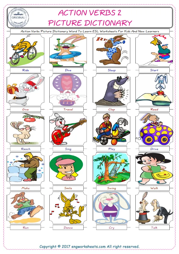 Action Verbs English Worksheet for Kids ESL Printable Picture Dictionary Worksheet Preview