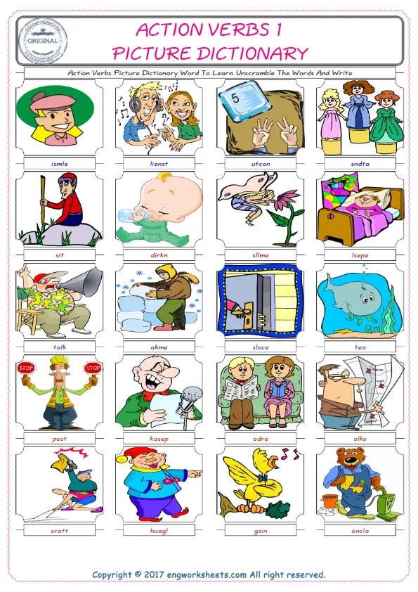 Action Verbs ESL Worksheets For kids, the exercise worksheet of finding the words given complexly and supplying the correct one. Worksheet Preview