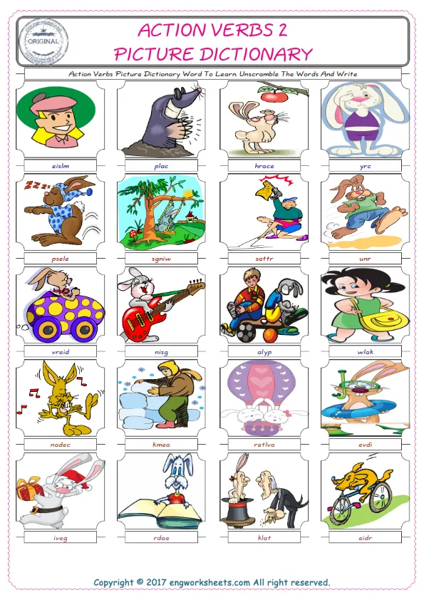 Action Verbs ESL Worksheets For kids, the exercise worksheet of finding the words given complexly and supplying the correct one. Worksheet Preview