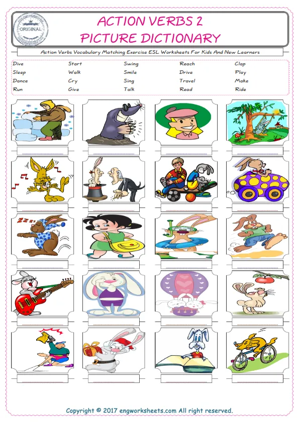 Action Verbs for Kids ESL Word Matching English Exercise Worksheet. Worksheet Preview