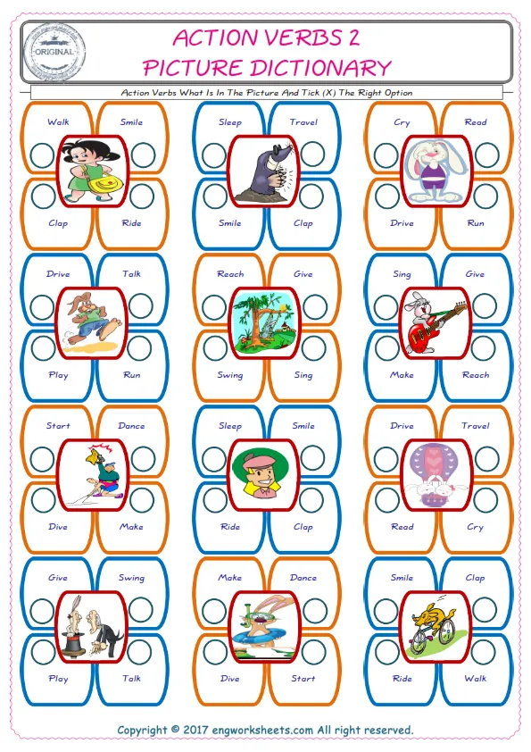 check the picture, mark the correct option amongst the given Action Verbs words English worksheet for kids Worksheet Preview
